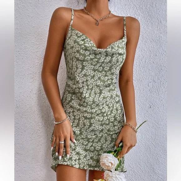 green emerald velvet dress Green Olive Satin Cowl Neck Bridesmaid Dress Mermaid Floor-Length main image 1